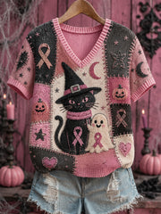 Damen-Halloween-Top mit rosa Geist und Katze, pinker Schleifen-Print zur Brustkrebsaufklärung, V-Ausschnitt