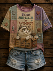 Frauen Patchwork Lustige Katze Print T-Shirt