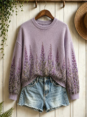 Damen-Vintage-Strickpullover mit lavendelfarbenem Blumenmuster im Waldstil und Rundhalsausschnitt