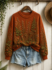 Damen-Vintage-Pullover mit Herbstmotiv: Wald, Beeren und Farn im Blumenprint, Rundhalsausschnitt