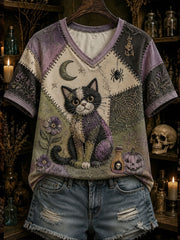 Damen-T-Shirt im gotischen Stil mit Patchwork und floraler Katzen-Print-Optik