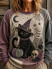 Damen-Kapuzenpullover mit floralem Patchwork und Katzenmuster