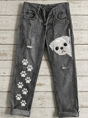 Damenhose mit Knöpfen und Hunde-Print, ausgestellt