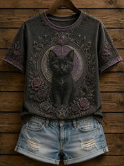 Damen-T-Shirt im gotischen Stil mit Patchwork und floraler Katzen-Print-Optik