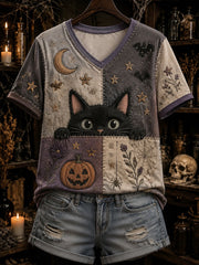 Damen-T-Shirt im gotischen Stil mit Patchwork und floraler Katzen-Print-Optik