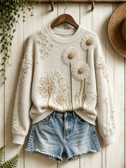 Damen-Vintage-Pullover mit Wald-Löwenzahn-Blumenmuster und Rundhalsausschnitt