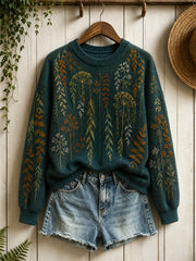 Damen-Vintage-Pullover mit Wald- und Pflanzenmotiven, hängenden Ranken, Print und Rundhalsausschnitt
