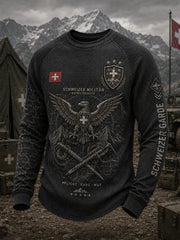 Herren-T-Shirt mit Raglanärmeln und Waffelstruktur, langärmlig, mit militärinspiriertem Grafikdruck