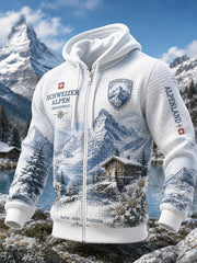 Herren-Kapuzenpullover aus Waffelstrick mit alpinem Motivdruck und langen Ärmeln