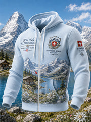 Herren-Kapuzenpullover aus Waffelstrick mit alpinem Motivdruck und langen Ärmeln