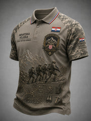 Herren-Poloshirt mit kurzen Ärmeln und Vintage-Print im Militärstil