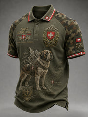 Herren-Poloshirt mit camouflagefarbenem Veteranen-Print und kurzen Ärmeln
