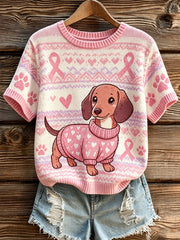 Damen niedlicher Hund und rosa Charity-Band muster gedruckt lässiges kurz ärmel iges Top