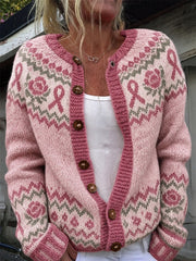 Frauen Vintage rosa Rosen Brustkrebs band Isle Muster Print Strickjacke