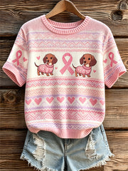 Frauen niedlicher Hund und rosa Charity-Band muster bedrucktes lässiges Top