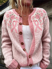 Damen-Strickjacke im Vintage-Stil mit rosa Rosen, Brustkrebs-Band und Inselmuster