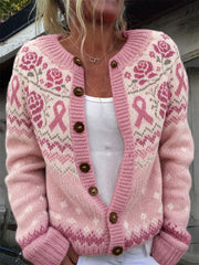 Damen-Strickjacke im Vintage-Stil mit rosa Rosen, Brustkrebs-Band und Inselmuster