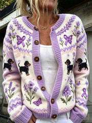 Damen-Strickjacke mit niedlichem Hund und aufgedrucktem lila Charity-Band-Motiv im lässigen Stil
