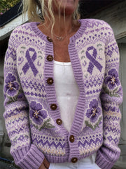 Damen-Strickjacke im Vintage-Stil mit Veilchenblüten, violettem Schleifenmuster und Insel-Print
