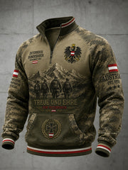 Herren-Top im Vintage-Militärstil mit Camouflage-Print, langen Raglanärmeln und Reißverschluss