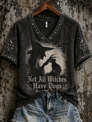 Damen-Halloween-T-Shirt mit Druckmuster von Hexe und Hund, lässig, kurzärmlig