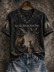 Damen-Halloween-T-Shirt mit Druckmuster von Hexe und Hund, lässig, kurzärmlig
