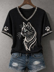 Damen-T-Shirt mit Katzenmotiv, lässig, V-Ausschnitt, für Katzenliebhaberinnen