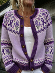 Damen-Strickjacke im Cardigan-Stil mit violettem Blumenmuster und lila Spendenschleifenmotiv, lässig bedruckt