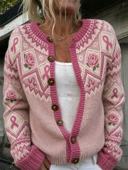 Damen-Strickjacke im Cardigan-Stil mit pinkfarbenem Blumenmuster und rosa Spendenschleifenmotiv