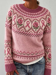 Damenpullover mit pinkfarbenem Blumen- und rosa Spendenschleifenmuster, lässig, langärmlig