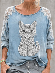 Damen-Tier katze bedrucktes Rundhals-Sweatshirt mit langen Ärmeln