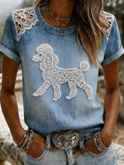 Damen-T-Shirt mit tierischem Hundemuster, im Vintage-Stil, modisch, locker geschnitten, mit kurzen Ärmeln