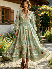 Damen V-Ausschnitt Vintage Österreich isches Land motiv bedrucktes langes Kleid