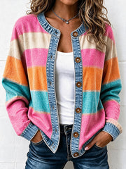 Damen-Strickcardigan im Jeans-Patchwork-Stil mit Streifenmuster