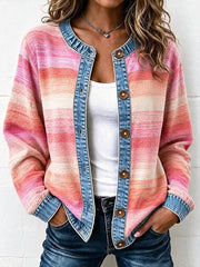 Damen-Streifen muster Jeans-Patchwork-Strickjacke