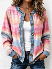 Damen-Strickcardigan im Jeans-Patchwork-Stil mit Streifenmuster