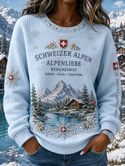 Damen-Top aus Waffelstrick mit langen Ärmeln und Vintage-Print im Stil alpiner Souvenirs