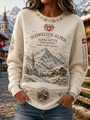 Damen-Top aus Waffelstrick mit langen Ärmeln und Vintage-Print im Stil alpiner Souvenirs