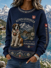 Langärmliges Waffel-Strick oberteil für Damen mit Vintage-Print im alpinen Souvenir-Stil