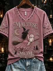 Damen-Halloween-Malteser-Mama-T-Shirt mit pinkfarbenem Hexen- und Hundemotiv, kurzärmelig