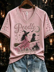 Damen Halloween Pudel Mom Rosa Hexe & Hund Print Kurzarm T-Shirt