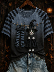 Frauen-Halloween-T-Shirt im Hexenkatzendesign mit kontrastfarbenem Muster und lässigem Kurzarm‑Schnitt