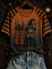 Damen-Halloween-Thema Hexen katzen muster kollidieren Farbdesign lässiges Kurzarm-T-Shirt