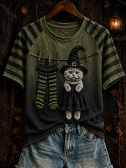 Frauen-Halloween-T-Shirt im Hexenkatzendesign mit kontrastfarbenem Muster und lässigem Kurzarm‑Schnitt