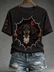 Weibliches Halloween-Vampir-Hund-Print Vintage-Mode lockeres Kurzarm-T-Shirt