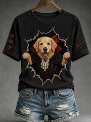 Weibliches Halloween-Vampir-Hund-Print Vintage-Mode lockeres Kurzarm-T-Shirt