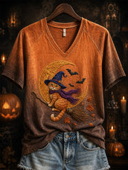 Damen-Halloween-Hexe-Katzen muster bedrucktes kurzärmliges T-Shirt
