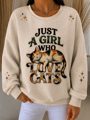 Damen-Sweatshirt mit süßem Katzen-Print, gerippt und mit Rundhalsausschnitt