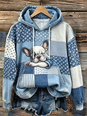 Damen-Kapuzenpullover mit niedlichem, schläfrigem Französisch-Bulldoggen-Patchwork-Art-Print