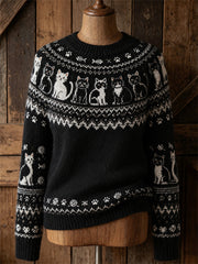 Damen-Vintage-Strickpullover mit Katzen‑Motiv und Isle‑Muster, kuschelig, Rundhalsausschnitt